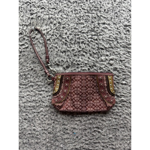 Vintage Coach Women's Signature Monogram Studded Leather Wristlet Maroon - Picture 1 of 9
